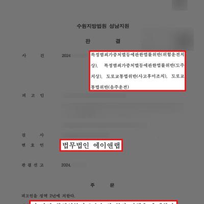 음주운전뺑소니+위험운전치상 혐의 의뢰인 변호하여 집행유예 판결 받아내